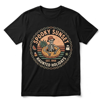Spooky Sunset Halloween Vacation Skeleton Unicorn Float Ghost Watermelon Black Cat Flamingo Unisex TShirt
