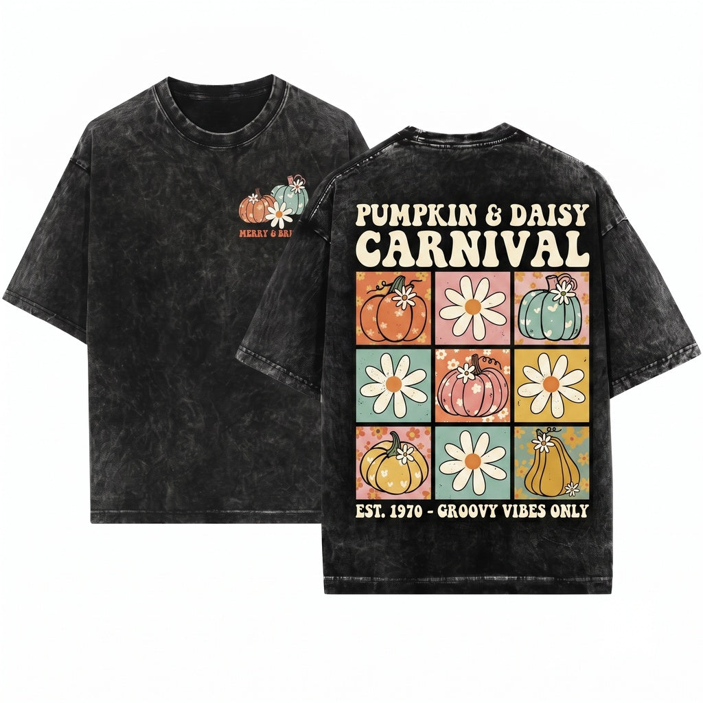 Kids Youth Girls Retro Cute Floral Pumpkin Halloween Fall Graphic Unisex Wash T-Shirt