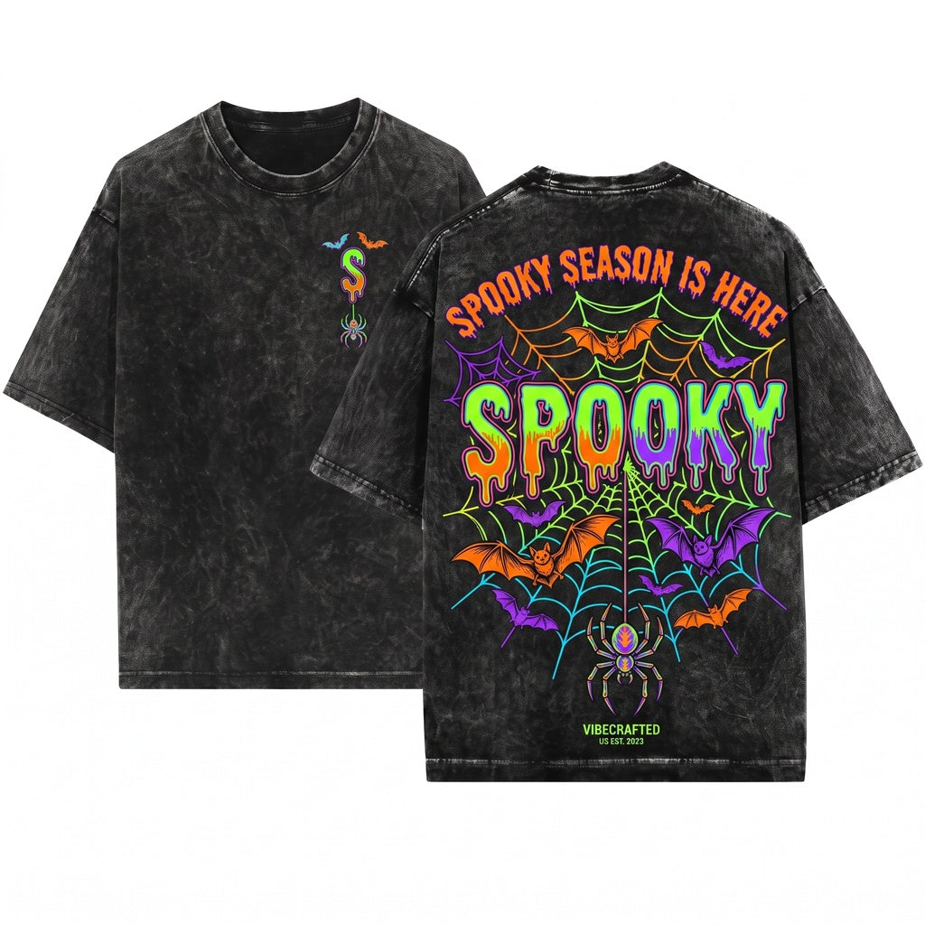 Spooky Halloween Embroidered Gothic Bat Spider Black Fall Cozy Witchy Gift Unisex Wash T-Shirt