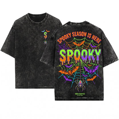 Spooky Halloween Embroidered Gothic Bat Spider Black Fall Cozy Witchy Gift Unisex Wash T-Shirt