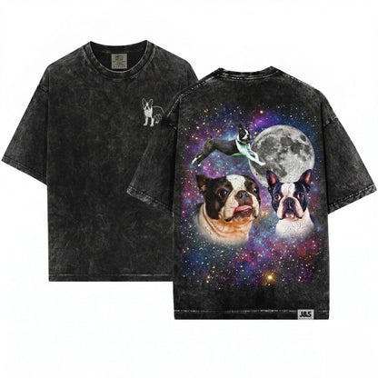 Boston Terrier Moon Galaxy Space Cosmic Dog Pet Gift Lovers Unisex Wash T-Shirt