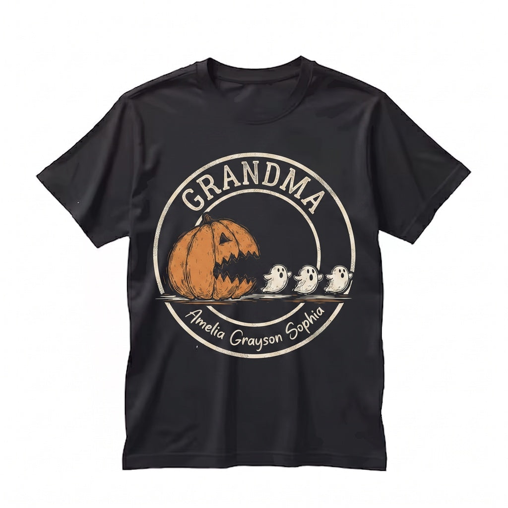 Personalized Pumpkin Chasing Ghosts Halloween Grandma Grandkids Names Fall Graphic Unisex TShirt