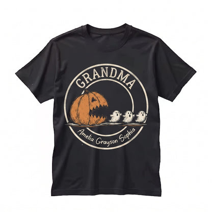 Personalized Pumpkin Chasing Ghosts Halloween Grandma Grandkids Names Fall Graphic Unisex TShirt