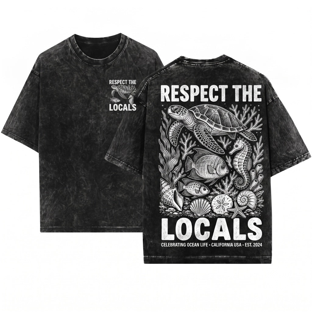 Retro Respect The Locals Sea Turtle Ocean Coastal Marine Wildlife Nautical Gift Graphic Unisex Wash T-Shirt