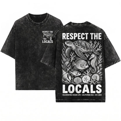 Retro Respect The Locals Sea Turtle Ocean Coastal Marine Wildlife Nautical Gift Graphic Unisex Wash T-Shirt