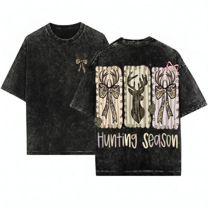 Preppy Coquette Distressed Deer Camo Bow Fall Hunting Season Unisex Wash T-Shirt