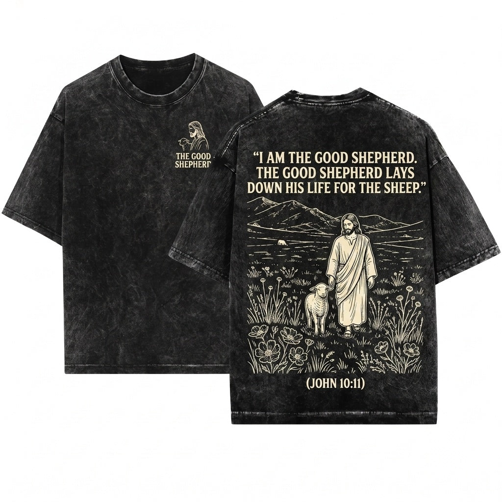 Jesus Shepherd Christian Mountain Landscape Minimalist Faith Graphic Religious Boho Gift Unisex Wash T-Shirt