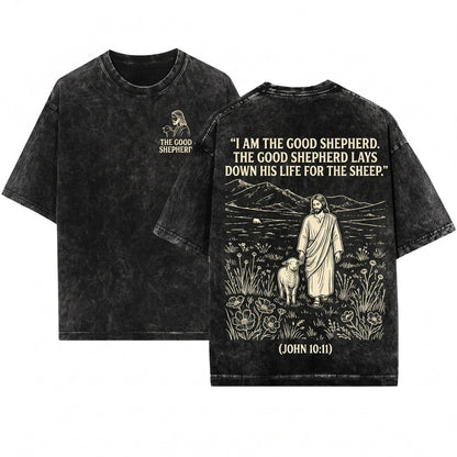 Jesus Shepherd Christian Mountain Landscape Minimalist Faith Graphic Religious Boho Gift Unisex Wash T-Shirt