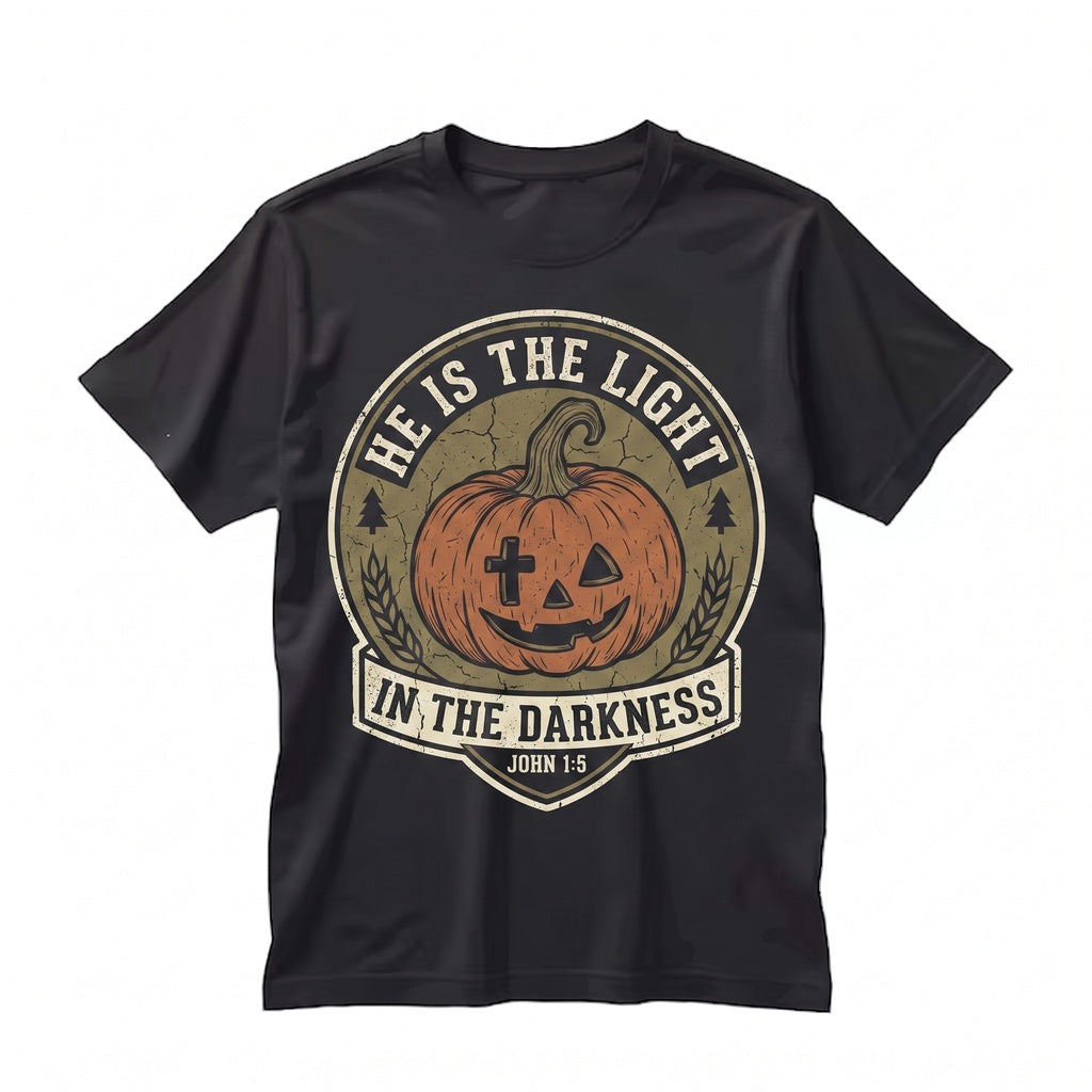 He Is The Light In Darkness Bible Verse Pumpkin Season Thanksgiving Gift Religious Autumn Graphic Apparel Unisex TShirt
