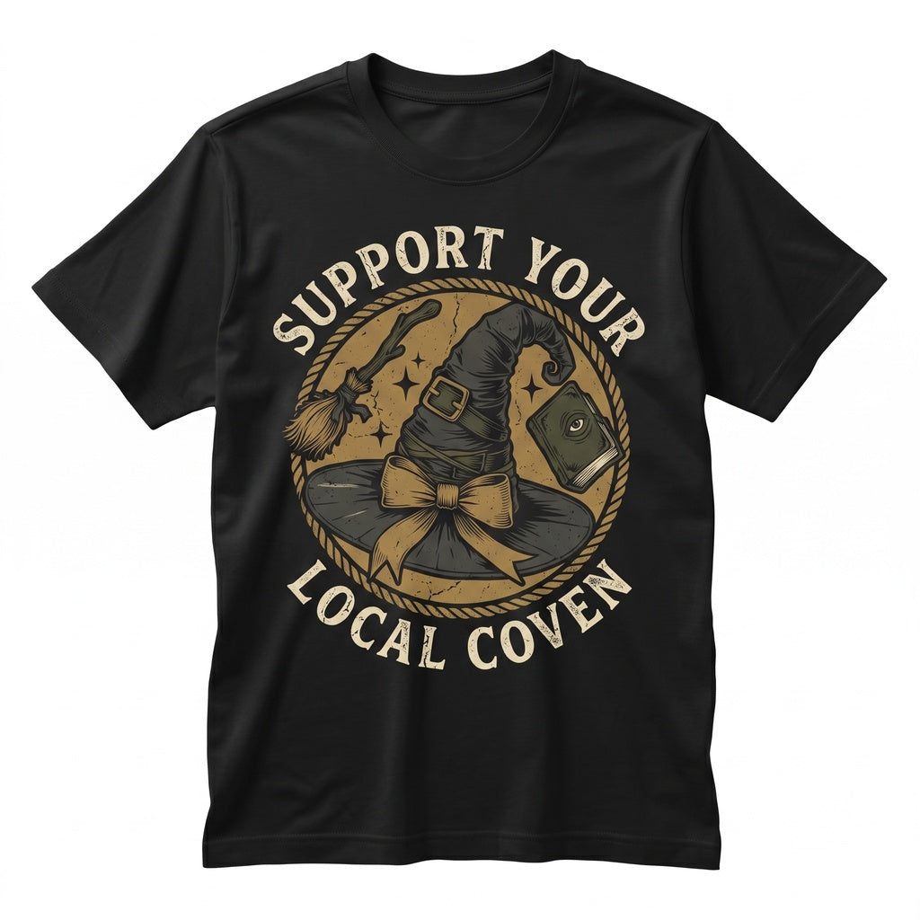 Support Local Coven Witchy Vibes Hat Broom Spellbook Graphic Halloween Apparel Unisex TShirt