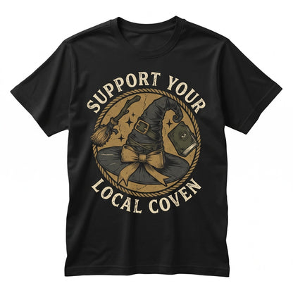 Support Local Coven Witchy Vibes Hat Broom Spellbook Graphic Halloween Apparel Unisex TShirt