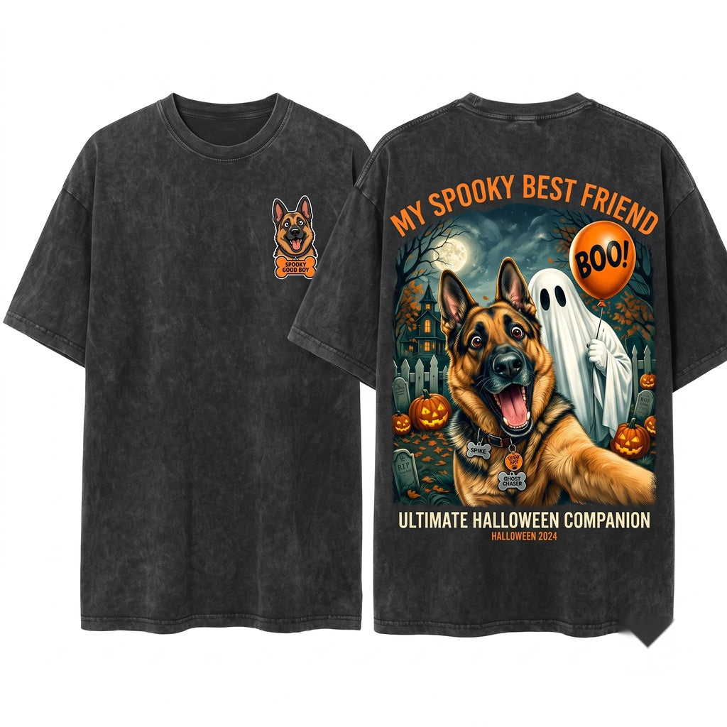 German Shepherd Ghost Selfie Funny Halloween Dog Unisex Wash T-Shirt