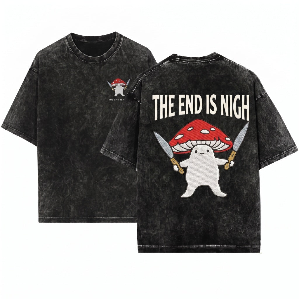 The End Is Nigh Funny Mushroom Knives Chaotic Meme Graphic Unisex Wash T-Shirt