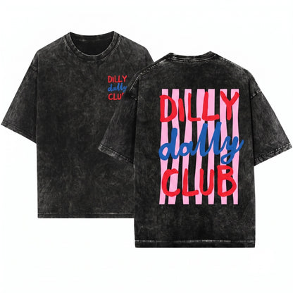 Dilly Dally Club Preppy Graphic Striped Design Womens Trendy Crewneck Unisex Wash T-Shirt