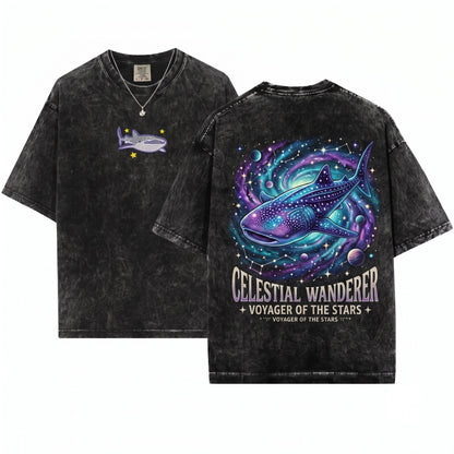 Whale Shark Cute Ocean Animal Summer Beach Embroidered Unisex Wash T-Shirt