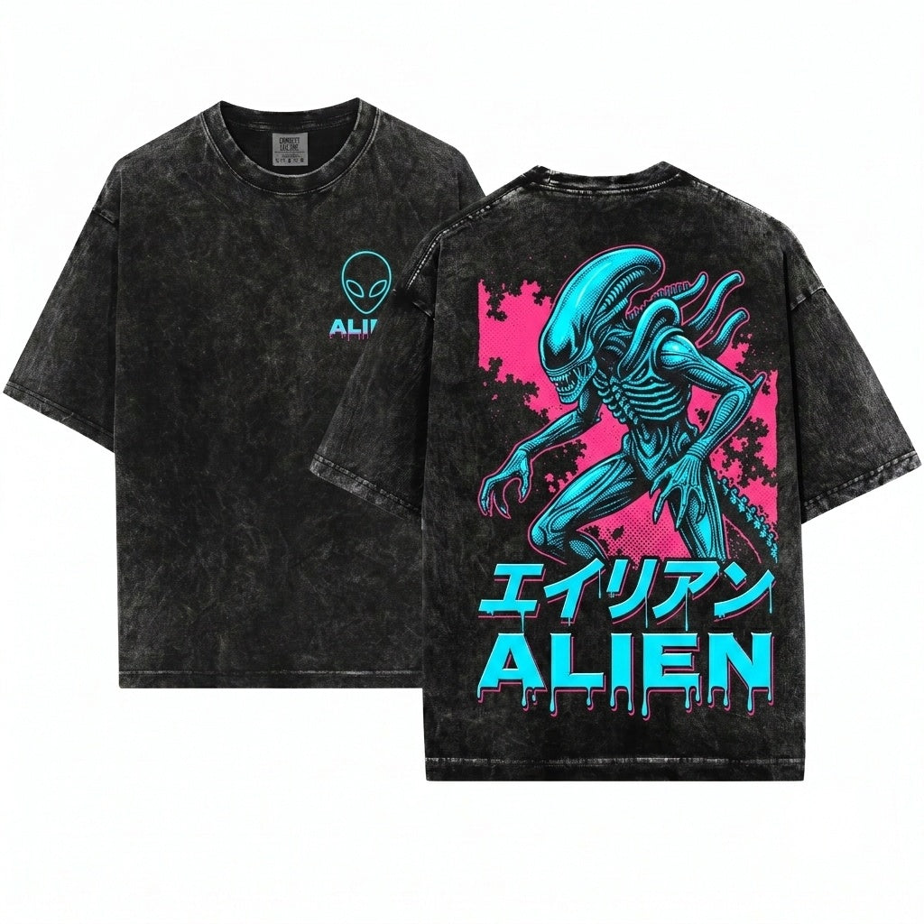Retro 80s Sci-Fi Horror Movie Xenomorph Alien Graphic Unisex Wash T-Shirt