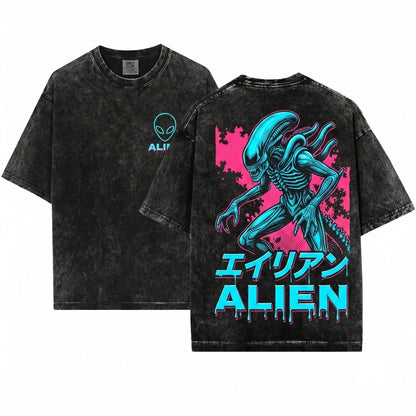 Retro 80s Sci-Fi Horror Movie Xenomorph Alien Graphic Unisex Wash T-Shirt