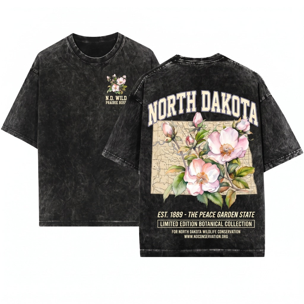 North Dakota State Wild Prairie Rose Floral Crewneck Graphic Top Unisex Wash T-Shirt