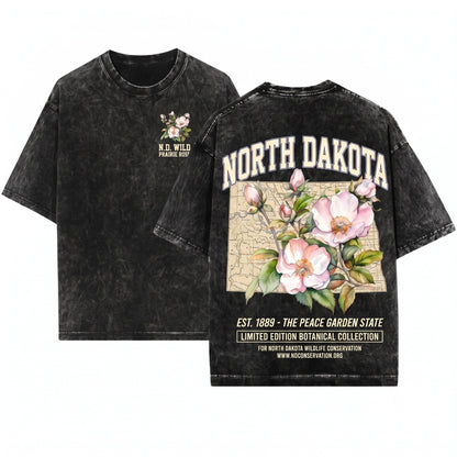 North Dakota State Wild Prairie Rose Floral Crewneck Graphic Top Unisex Wash T-Shirt