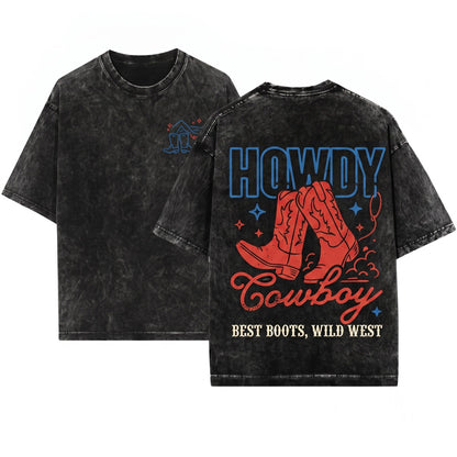 Howdy Cowboy Retro Western Country Graphic Unisex Wash T-Shirt