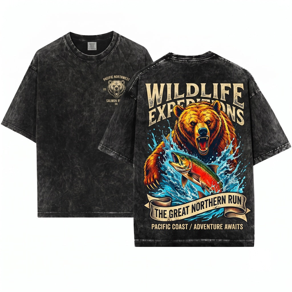 Retro Grizzly Bear Salmon Fishing Wildlife Rugged River Wilderness Outdoorsman Gift Unisex Wash T-Shirt
