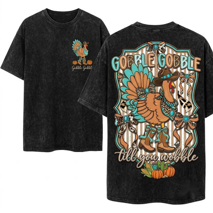 Turkey Gobble Till You Wobble Howdy Thanksgiving Cow Print Coquette Western Unisex Wash T-Shirt