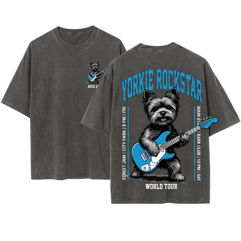 Vintage Yorkie Rock Dog Playing Electric Guitar Musician Humorous Present Unisex Wash T-Shirt