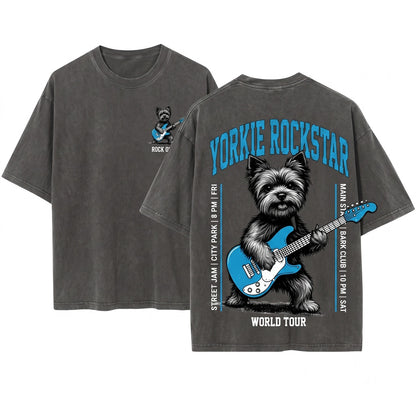 Vintage Yorkie Rock Dog Playing Electric Guitar Musician Humorous Present Unisex Wash T-Shirt