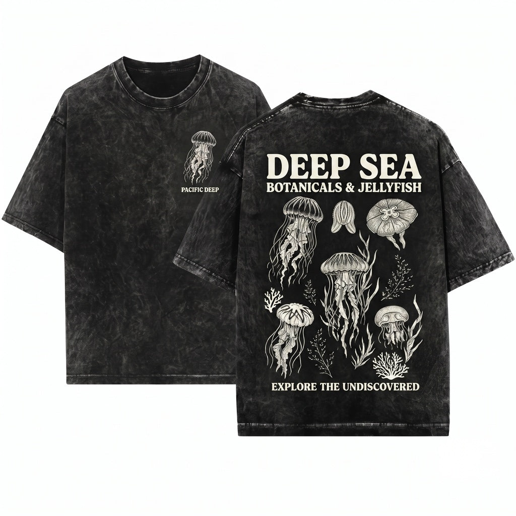 Retro Jellyfish Ocean Graphic Marine Life Sea Creature Minimal Underwater Nature Aesthetic Top Gift Unisex Wash T-Shirt