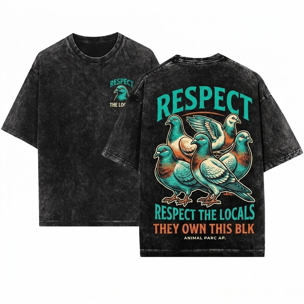 Respect The Locals Pigeon Funny Animal Lover Vintage Graphic Silly Dove Unisex Wash T-Shirt