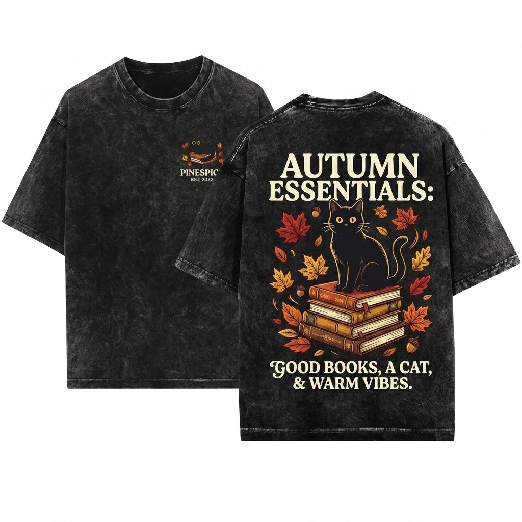 Embroidered Cozy Fall Black Cat Books Reader Halloween Gift Unisex Wash T-Shirt