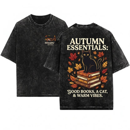 Embroidered Cozy Fall Black Cat Books Reader Halloween Gift Unisex Wash T-Shirt
