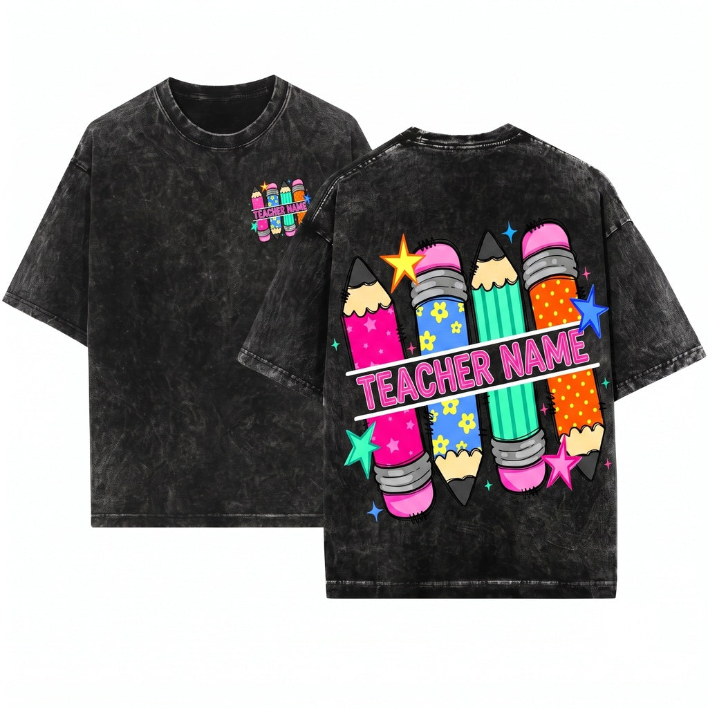 Custom Personalized Teacher Pencil Doodles Back To School Unisex Wash T-Shirt