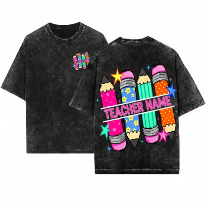 Custom Personalized Teacher Pencil Doodles Back To School Unisex Wash T-Shirt