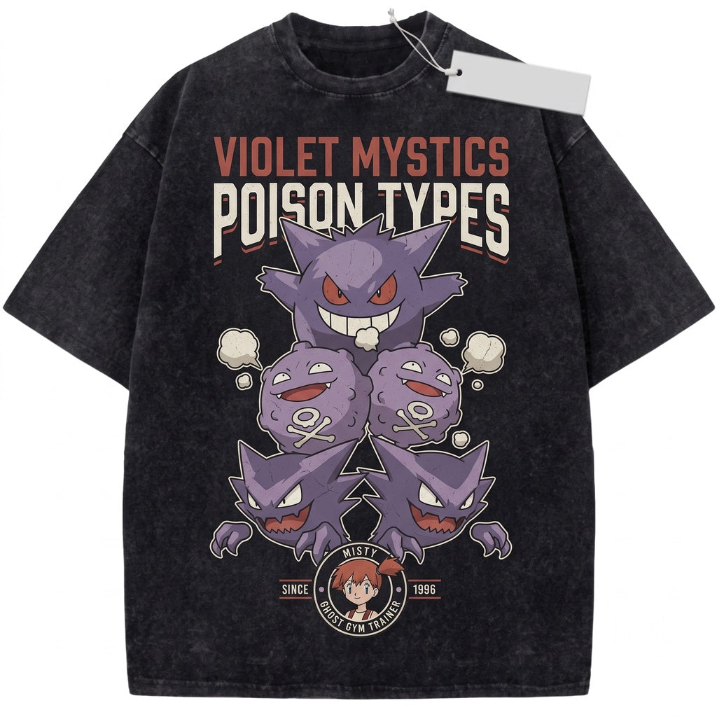 Misty & Ghost Pocket Monster Vintage Wash Acid Oversized Anime Graphic Unisex TShirt
