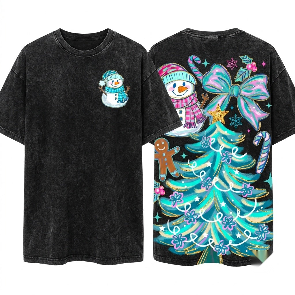 Blue Brushstroke Snowman Christmas Tree Preppy Coquette Cozy Freezin Winter Season Unisex Wash T-Shirt