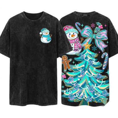 Blue Brushstroke Snowman Christmas Tree Preppy Coquette Cozy Freezin Winter Season Unisex Wash T-Shirt