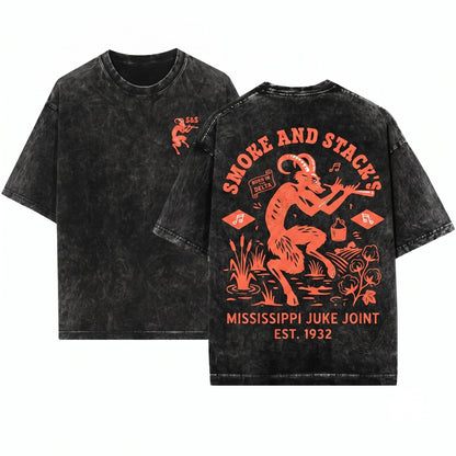 Smoke & Stacks Juke Joint Logo Vampire Horror Movie Graphic Vintage Unisex Wash T-Shirt