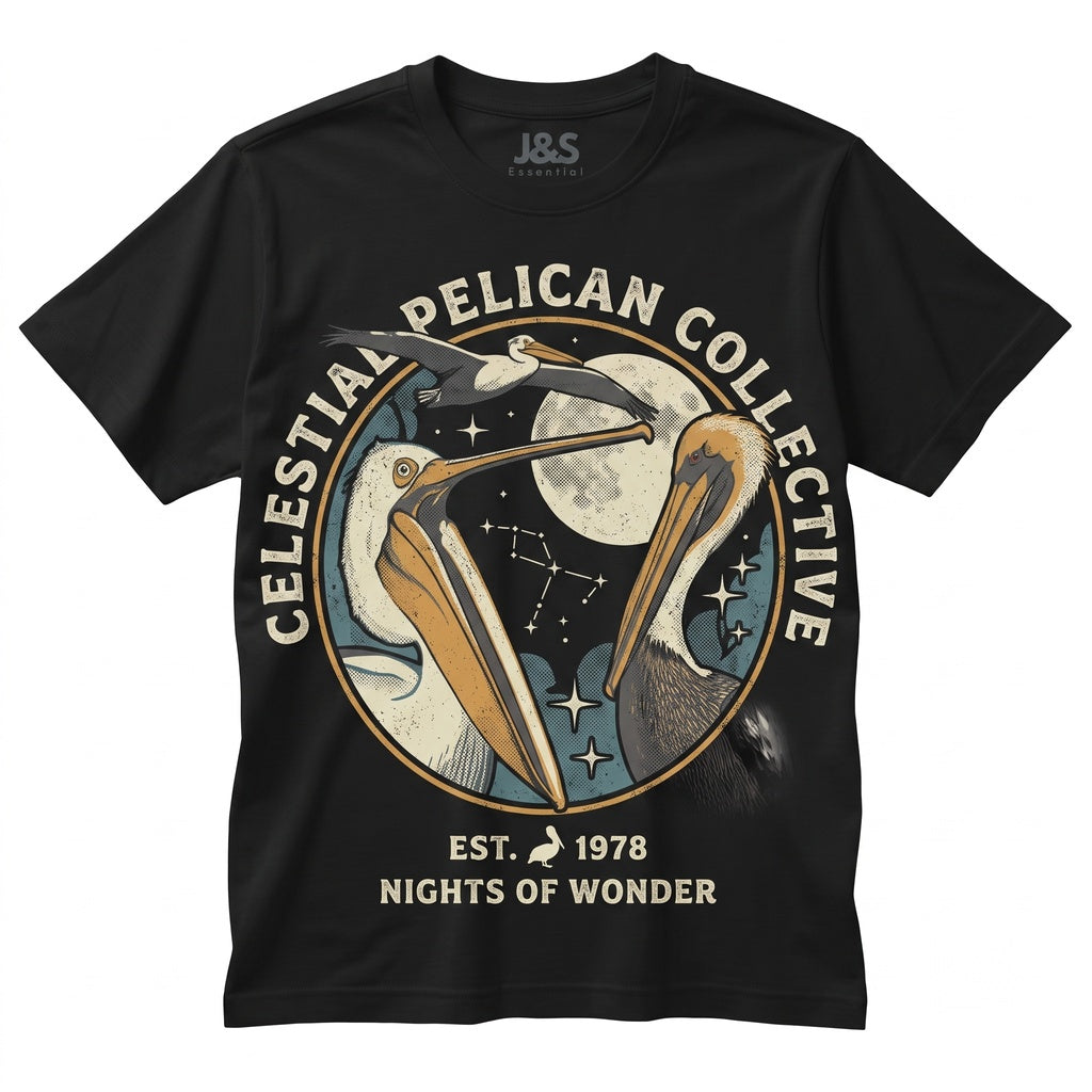 Three Pelican Moon Coastal Bird Lover Funny Galaxy Vintage Wash Retro Graphic Nature Top Unisex TShirt