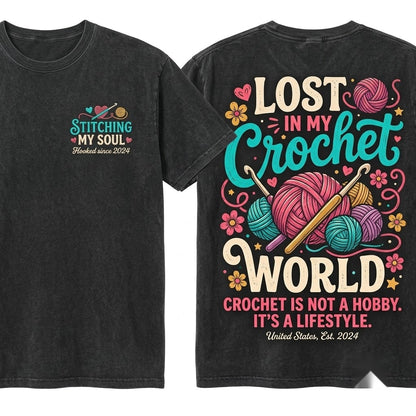Hooked on Crochet Crafter Gift Yarn Lover Cozy Knitting Apparel Unisex Wash T-Shirt