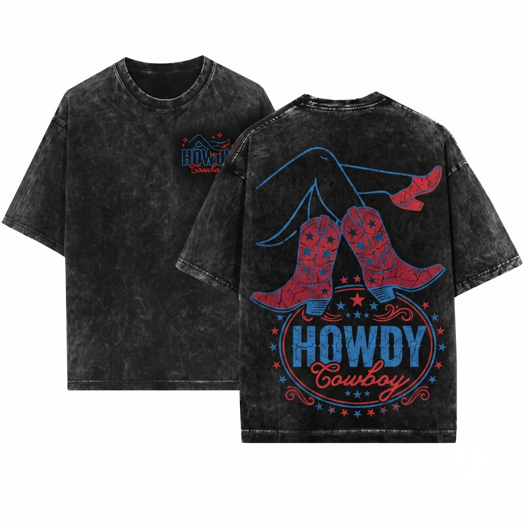 Howdy Cowboy Retro Western Country Graphic Unisex Wash T-Shirt
