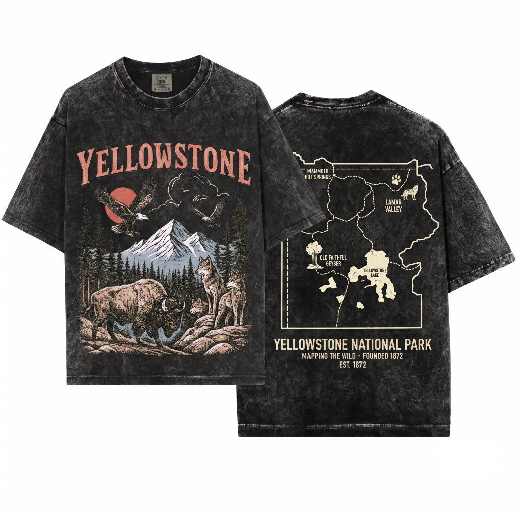 Yellowstone National Park Vintage 90s Wildlife Graphic Bison Wolves Eagles Hiking Nature Unisex Wash T-Shirt