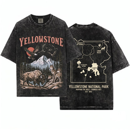 Yellowstone National Park Vintage 90s Wildlife Graphic Bison Wolves Eagles Hiking Nature Unisex Wash T-Shirt