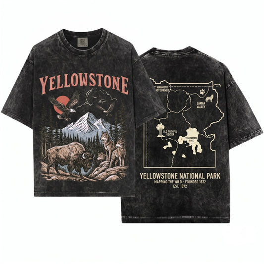 Yellowstone National Park Vintage 90s Wildlife Graphic Bison Wolves Eagles Hiking Nature Unisex Wash T-Shirt