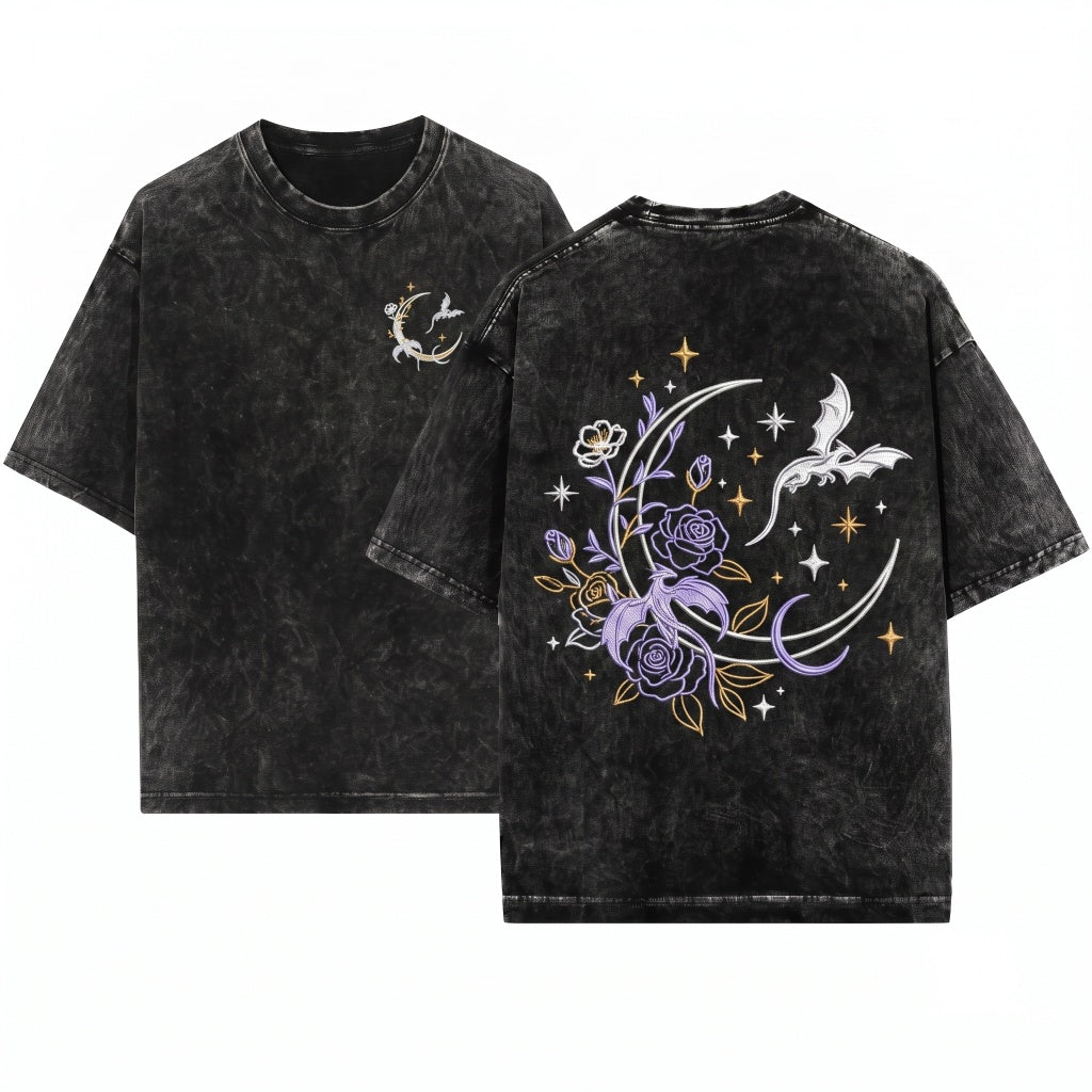 Embroidered Dragon Moon Witchy Goblincore Unisex Wash T-Shirt