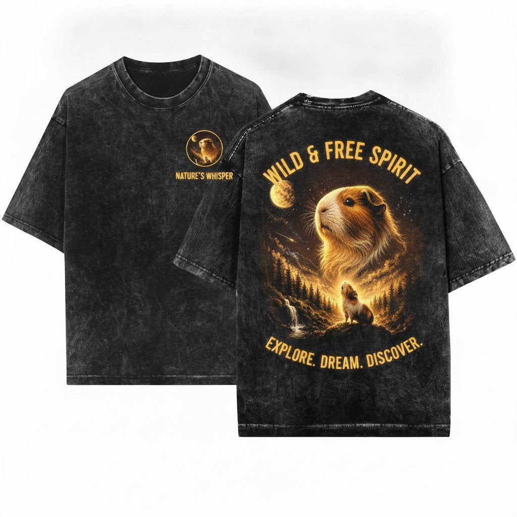 Guinea Pig Howling to the Moon Graphic Retro Cute Animal Gift Unisex Wash T-Shirt