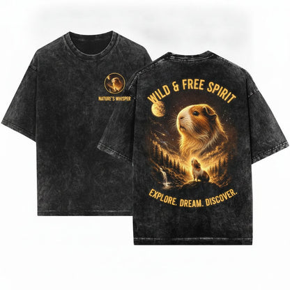 Guinea Pig Howling to the Moon Graphic Retro Cute Animal Gift Unisex Wash T-Shirt