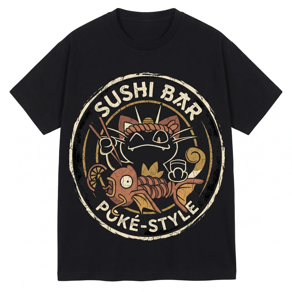 Retro Japanese Sushi Bar Anime Cat and Koi Fish Vintage Wash Oversized Graphic Gamer Gift Unisex TShirt