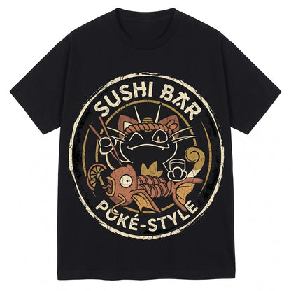 Retro Japanese Sushi Bar Anime Cat and Koi Fish Vintage Wash Oversized Graphic Gamer Gift Unisex TShirt