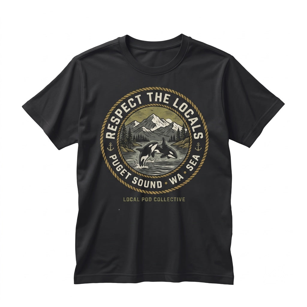 Respect The Locals Puget Sound Orcas Seattle Washington Pacific Northwest Nature Lovers Embroidered Gift Unisex TShirt